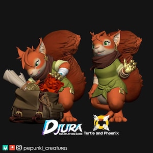 Peut inclure: Deux personnages d'écureuils en 3D, l'un avec un sac et l'autre avec une main levée. Ils ont une fourrure orange, des tuniques vertes et des écharpes marron. L'image comprend le texte "Djura Roleplaying Game Turtle and Phoenix" et un identifiant de réseau social.