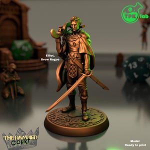 May include: A bronze miniature figure of a Drow Rogue named Elliot, holding a crossbow and a sword. The figure stands on a circular base with a decorative pattern. The text "The Damned Court" is at the bottom.