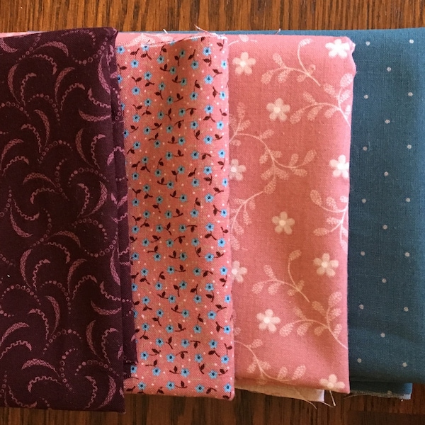 YC74, 4 Fat Quarters, Calico Collection, Some Fabrics from Jinny Beyer, Calico, Polka dot, Floral, Plum, Mauve, Blue,Slate, Quilting Fabric