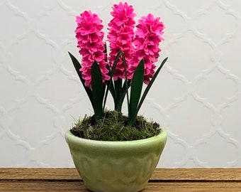 Dollhouse Miniature Deep Pink Hyacinth Bulbs in Ceramic Planter Artist Made