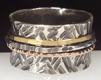 Moss- Sterling Silver, Rose Gold and Gold Spinner/Prayer/Meditation Ring for him