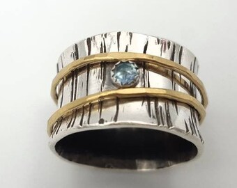 TOP SELLER-Alexis-Sterling Silver, Gold and Swiss Blue Topaz Spinner/Prayer/Meditation Ring