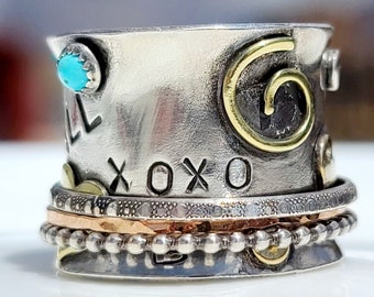 Love Graffiti Sterling Silver Spinner/Prayer/Meditation Ring with Turquoise Brass and Rose Gold fill