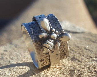 Busy Bee Spinner Ring- Hammered Sterling Silver