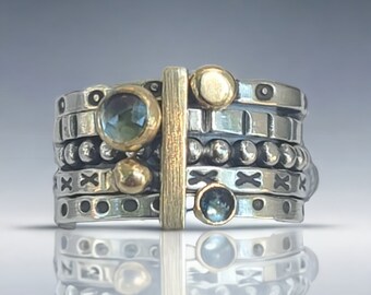 Blue Topaz & 14 K Gold Stacking Ring Set of Five