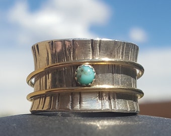 Lola- 1/2 in Wide Textured and Oxidized Sterling Silver and Turquoise Spinner/Prayer/Meditation Ring with 14 K Gold fill Spinners