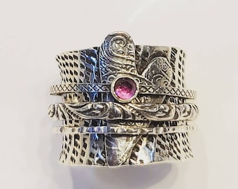 Jennifer- Tall, Oxidized Sterling Silver and Rhodolite Garnet and Heart Spinner/Prayer/Meditation Ring great for relieving stress/anxiety