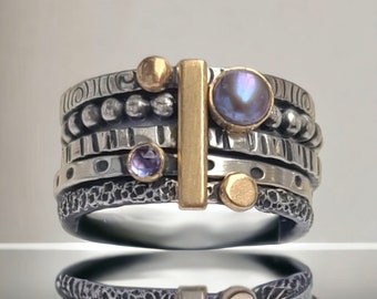 Peacock Pearl, Tanzanite & 14 K Gold Stacking Ring Set of Five