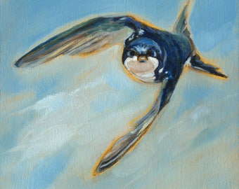 Swallow in Flight Art Print,  Small Bird and Sky Painting, Bird Wall Art, Bird Painting, Bird in Flight, Office Decor, Cubicle Art