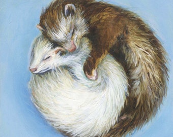 Ferret Cuddle Print, Sweet Print of two sleeping Ferrets cuddled together