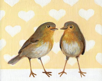 Original oil painting of two happy robins, Love Bird Art,  Cute Bird Painting, Anniversary Gift, Valentine Art, Just because I love you!