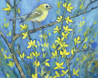 Yellow Warbler on Forsythia Bright Bird Art Print, Song Bird and Flowers Art Print, Spring Flowers Print, Bird Watcher Gift, Blue and Yellow