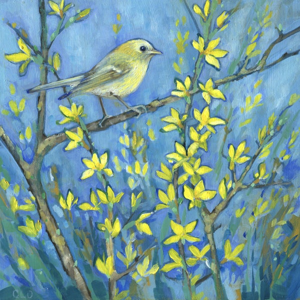 Yellow Warbler on Forsythia Bright Bird Art Print, Song Bird and Flowers Art Print, Spring Flowers Print, Bird Watcher Gift, Blue and Yellow