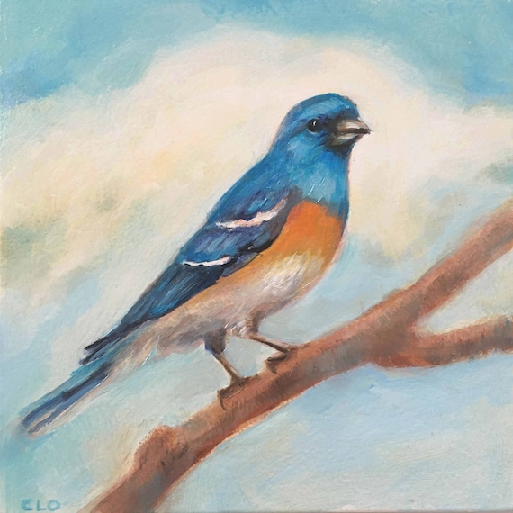 Lazuli Bunting Original Oil Painting: Small Bird Art, 5x5