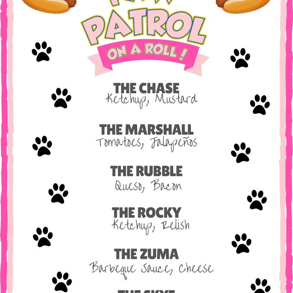 Pink Paw Puppy Dog Party Hot Dog Menu