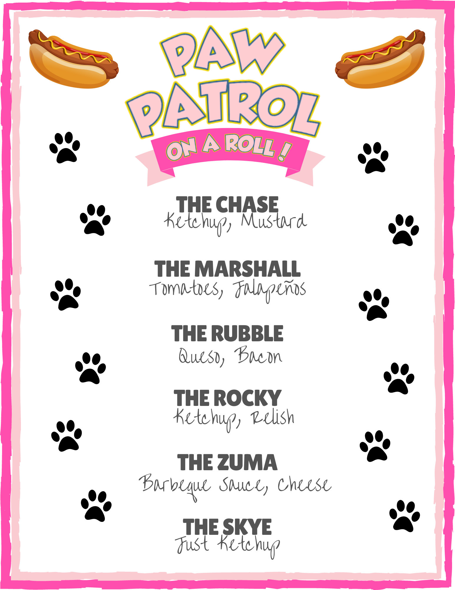 Pink Paw Puppy Dog Party Hot Dog Menu