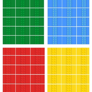 Può includere: Un set di quattro mattoncini Lego 1x2 in verde, blu, rosso e giallo. Ogni mattoncino ha una fila di spine nella parte superiore e inferiore.