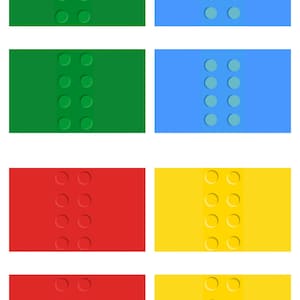 May include: Six colorful square tiles with a row of circles in the center. The tiles are green, blue, red, yellow, green, and blue. The circles are white, light blue, white, yellow, white, and light blue.
