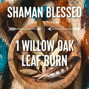 May include: A wooden bowl filled with dried willow oak leaves and a feather, with the text "SHAMAN BLESSED" and "1 WILLOW OAK LEAF BURN" in white. The bowl sits on a colorful, patterned textile.