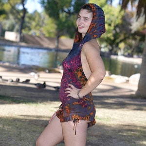 Hooded Romper / Tie Dye Shorts Jumpsuit w/ Halter Open Back / Multi Tones Colorful / Free Size / Spandex / Rayon / Soft / Festival Festive