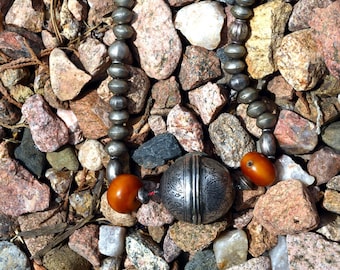 Antique India Silver Necklace with Phenolic Amber Beads /ethnic/hippie/Indian/hand made/silver beads/