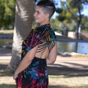 Lebendige schwarze volle Länge Krawatte Farbstoff Kleid w / öffnen zurück / gestreift zurück / Multi Töne bunt / freie Größe / Spandex / Rayon / weich / handgefertigt