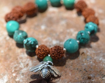 Sterling Silver Bee Wrist Mala / African Turquoise / Rudraksha Seed / Yoga Jewelry / Shiva Tear Mala / Spiritual Jewelry / Stacking Mala /