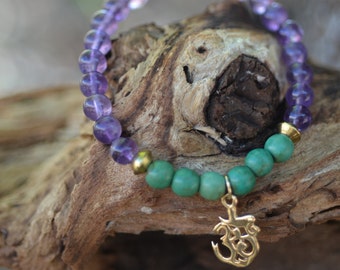 Amethyst and Turquoise Wrist Mala w/ OM Charm / Yoga Jewelry / Meditation Mala / Stacking Bracelets /