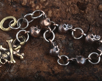Jolly Roger w/Skulls Bracelet by Leaanne Hartman in Golden Bronze /pirate/goth/spooky/skeleton/jolly roger/