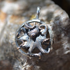 Bronze Octopus Pendant w/ Garnet Eyes in Sterling Silver Ring By Robert Burkett / Lost Wax Casting / SteamPunk Kraken / Bob Burkett Designs