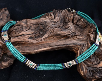 Nepalese Four Strand 16" Collar Necklace with Turquoise/Lapis and Sterling / Seed Bead / Beautiful / Necklace / Antique Turquoise/Heishi