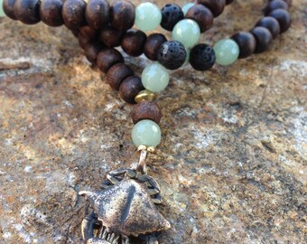 Skull and Crab Mala / 108 Bead Meditation Mala / Yoga Jewelry / Prayer Beads / Jade / Lava Stone / Wood / Robert Burkett Design / Grounding
