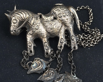 Ethnic Chinese Silver Horse Double Sided Pendant w/Chain