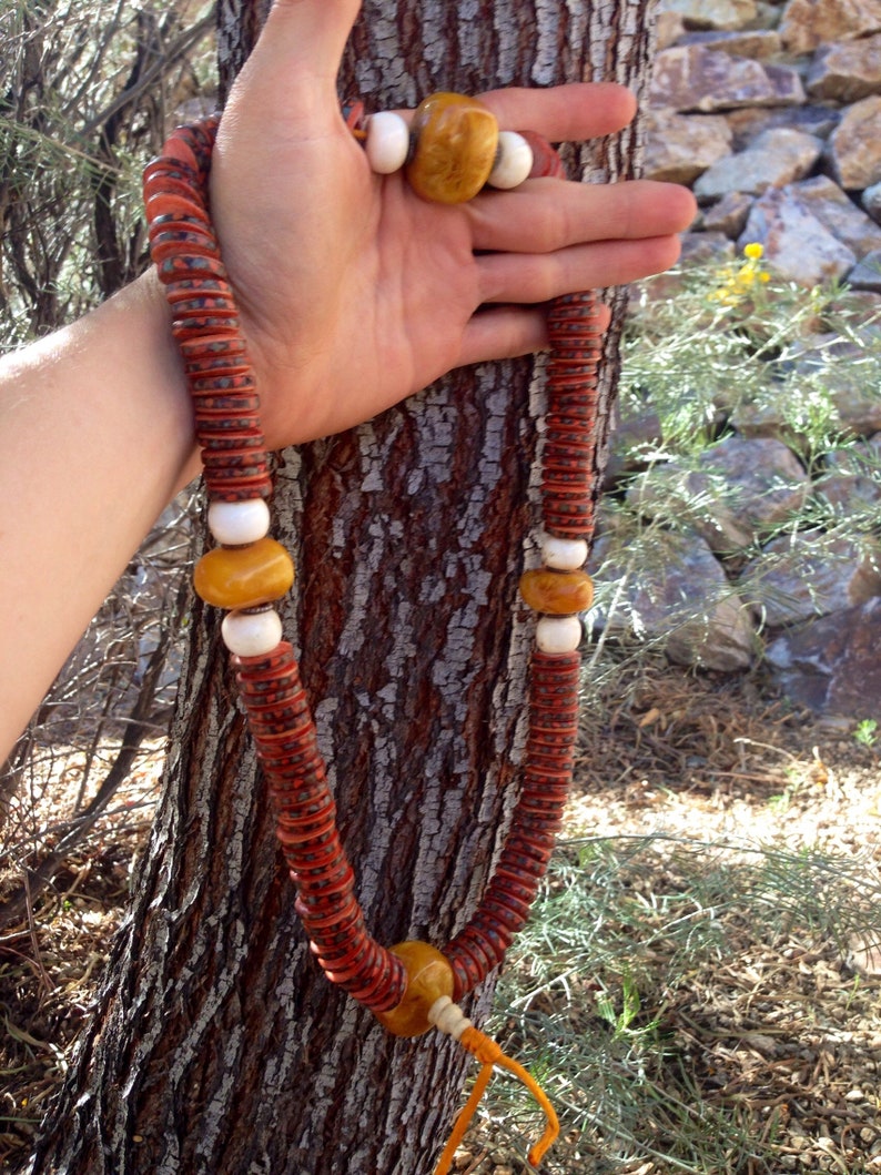 Buffalo Skull Bone Buddhist Mala w Turquoise and Coral Inlaid Amber Resin Counting Beads Bone Spacer Red White Amber Inlay