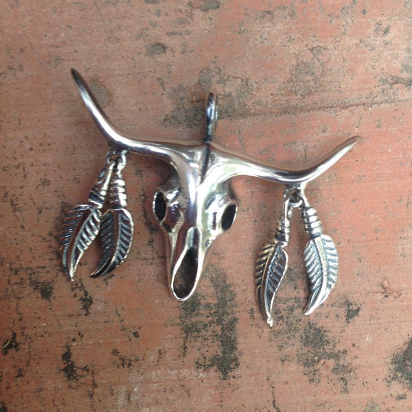 Sterling Silver Steer Skull Pendant w/Dangling Feathers/Western/Georgia O ' Keefe/Southwest/Fine Metal Jewelry/Festival Season Cow