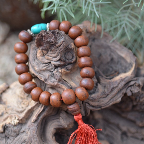 Natural Bodhi Seed Wrist Mala w/ Turquoise and Red Silk Tassel / Yoga Jewelry / Meditation Jewelry
