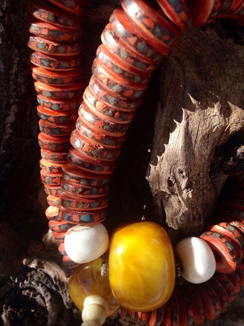 Buffalo Skull Bone Buddhist Mala w Turquoise and Coral Inlaid Amber Resin Counting Beads Bone Spacer Red White Amber Inlay