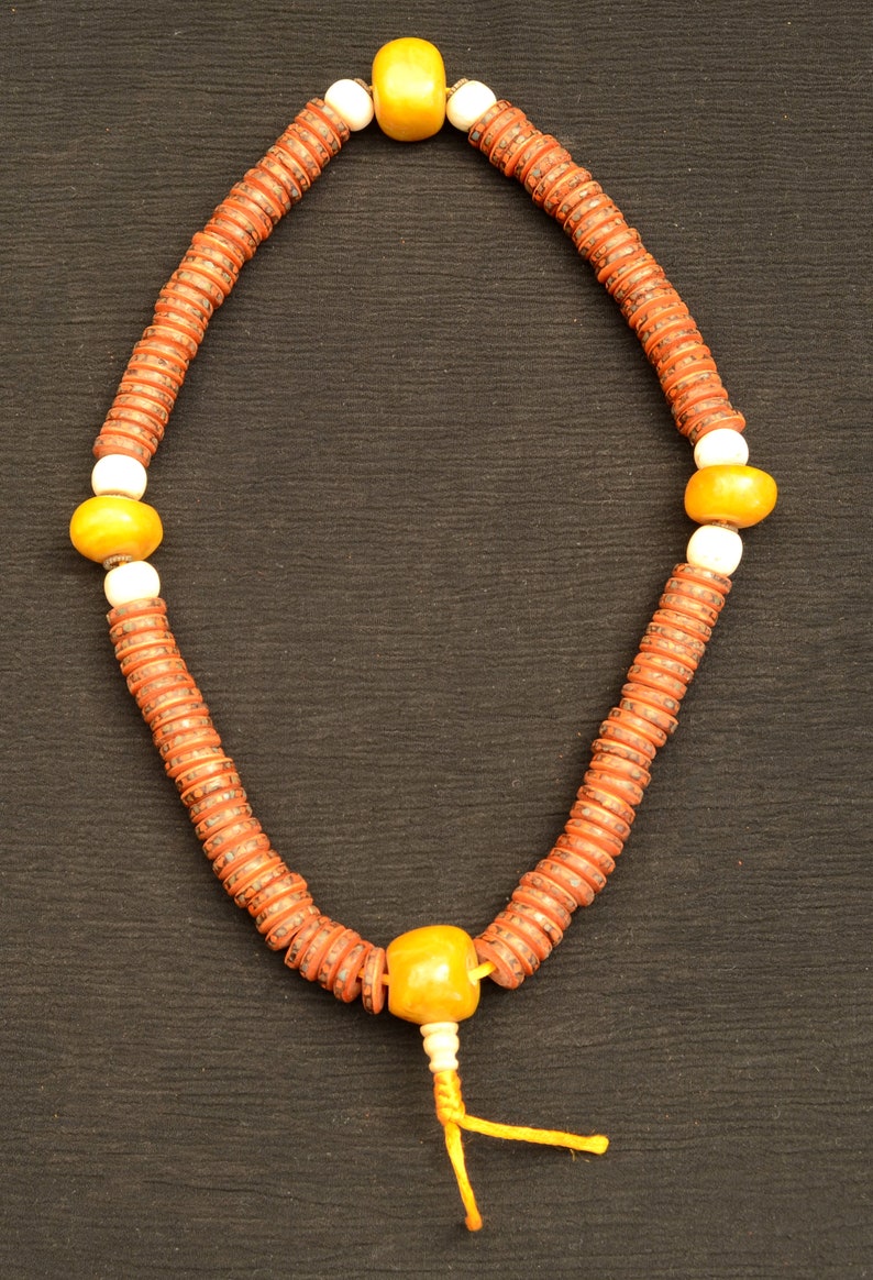 Buffalo Skull Bone Buddhist Mala w Turquoise and Coral Inlaid Amber Resin Counting Beads Bone Spacer Red White Amber Inlay