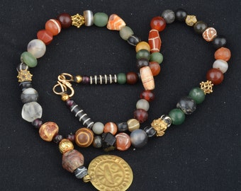 Pyu / Tircul Necklace with Gold Pendant / Ancient Beads / Burma / Agate / Etched Carnelian / Amulet / Jasper / Jade / Greenstone / 2000 BCE