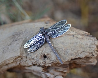 Art Deco Dragonfly Pendant by Robert Burkett / Sterling Silver / Shibuichi / Articulated Wings / Lost Wax Cast / Fine Metal Jewelry /