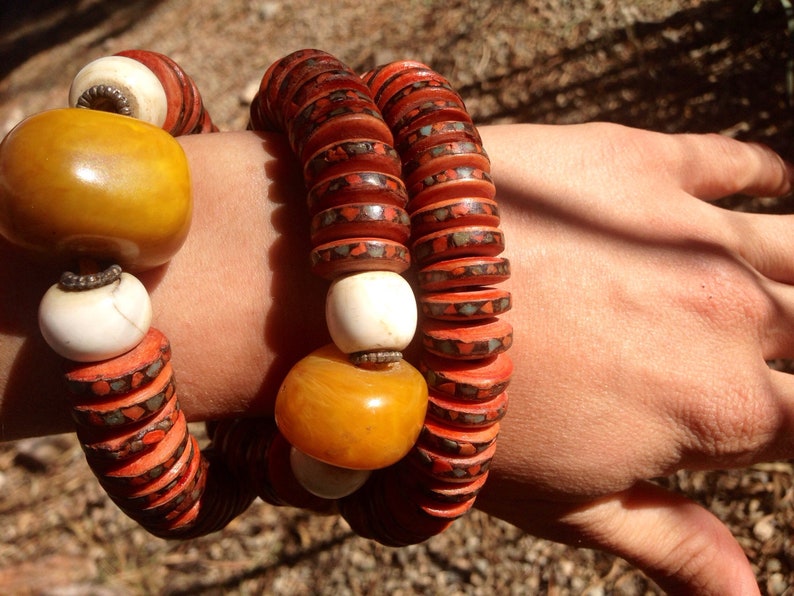 Buffalo Skull Bone Buddhist Mala w Turquoise and Coral Inlaid Amber Resin Counting Beads Bone Spacer Red White Amber Inlay