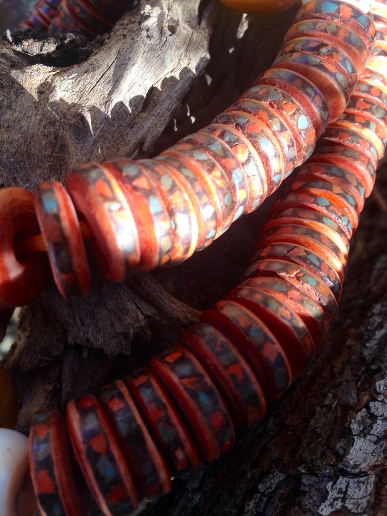 Buffalo Skull Bone Buddhist Mala w Turquoise and Coral Inlaid Amber Resin Counting Beads Bone Spacer Red White Amber Inlay