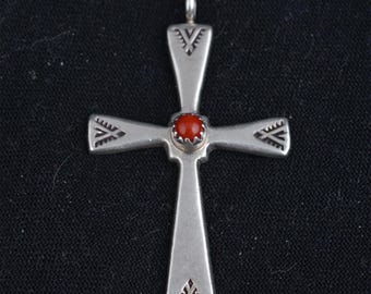 Large Sterling Vintage Cross set with coral /Christian/Dine/Navajo