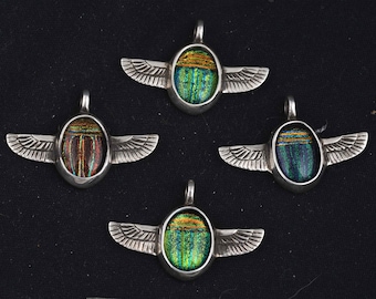 Pendant with Fused Glass Scarab in Sterling Silver WInged Bezel