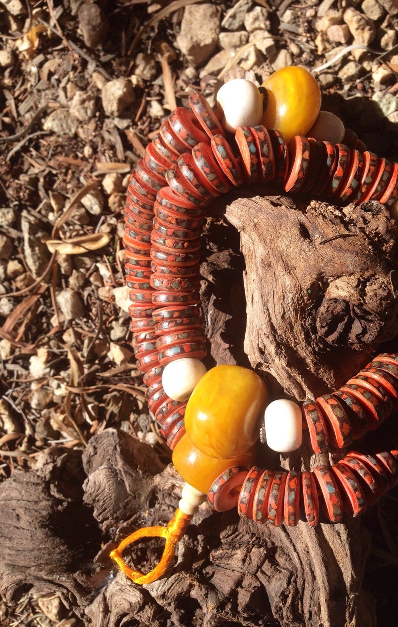 Buffalo Skull Bone Buddhist Mala w Turquoise and Coral Inlaid Amber Resin Counting Beads Bone Spacer Red White Amber Inlay