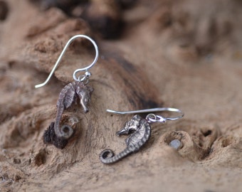Bronze Seahorse Earrings / Cast Bronze Sea Life / Robert Burkett Design / Sterling Hoop / Ocean Life /  Sea Creature Earring / Animal