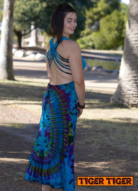 Vibrant Blues Full Length Tie Dye Dress W Open Back Striped Back Multi Tones Colorful Free Size Spandex Rayon Soft Handmade Etsy