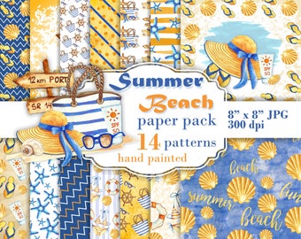 Summer beach paper pack. Summer digital paper blue orange. Scrapbook beach summer paper. Summer patterns hand painted.
