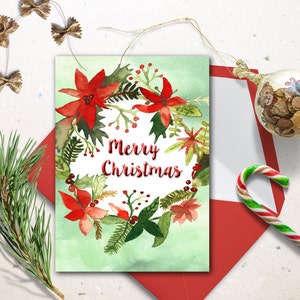 Digital Christmas Card, Watercolor Christmas printable card. Christmas wreath cards. Christmas decoration. image 1