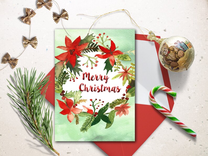 Digital Christmas Card, Watercolor Christmas printable card. Christmas wreath cards. Christmas decoration. image 1